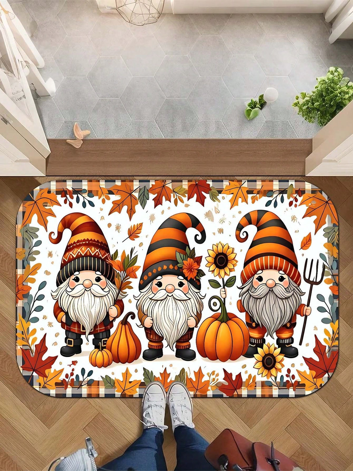 1pc Cartoon Autumn Sunflower Multicolor Maple Leaf Plaid Gnome Rectangular Floor Mat, Polyester Fiber Party Mat, Suitable For Indoor And Outdoor Use, Bathroom Door Mat, Kitchen Rug, Non-Slip Bathroom