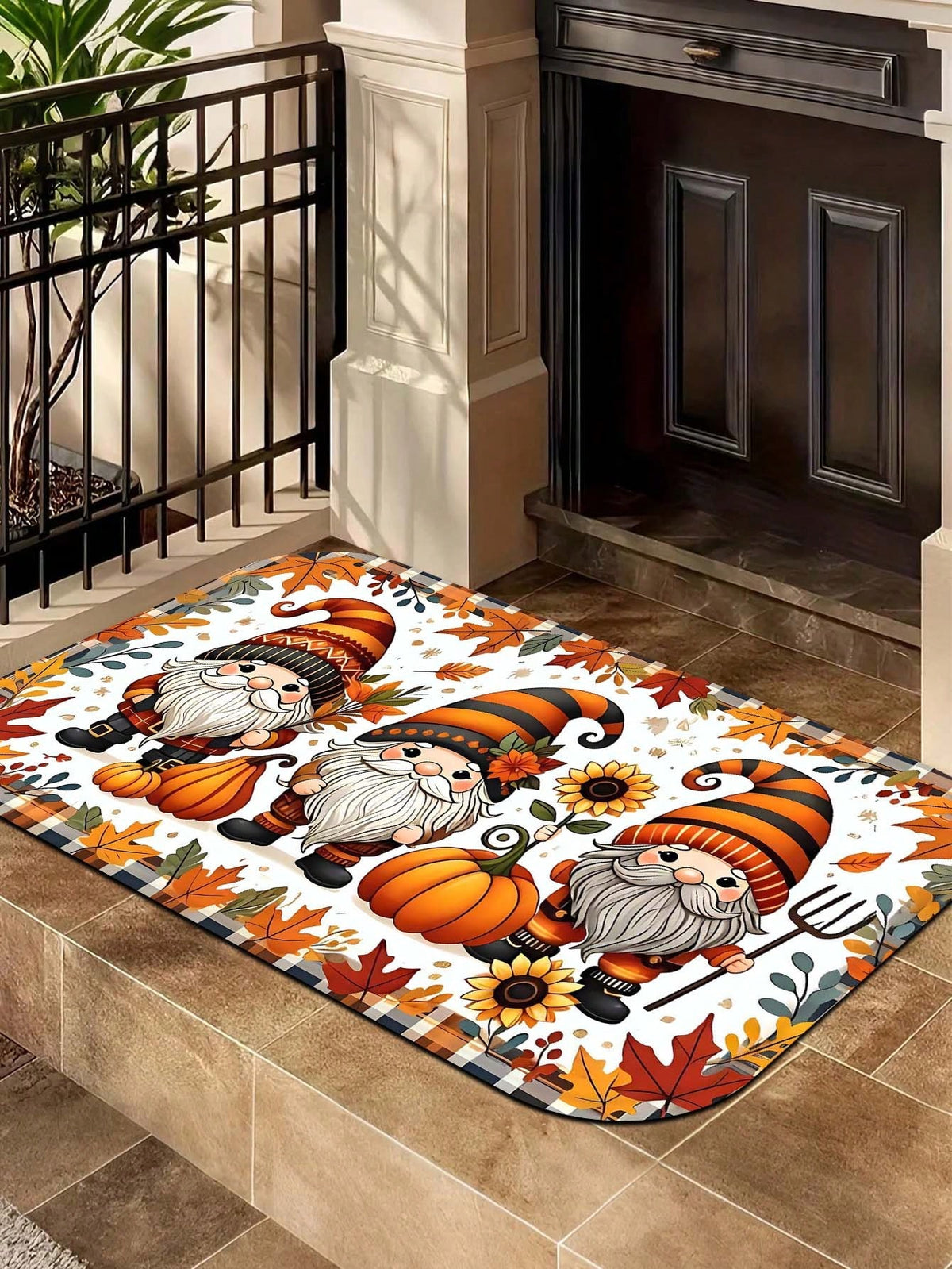1pc Cartoon Autumn Sunflower Multicolor Maple Leaf Plaid Gnome Rectangular Floor Mat, Polyester Fiber Party Mat, Suitable For Indoor And Outdoor Use, Bathroom Door Mat, Kitchen Rug, Non-Slip Bathroom