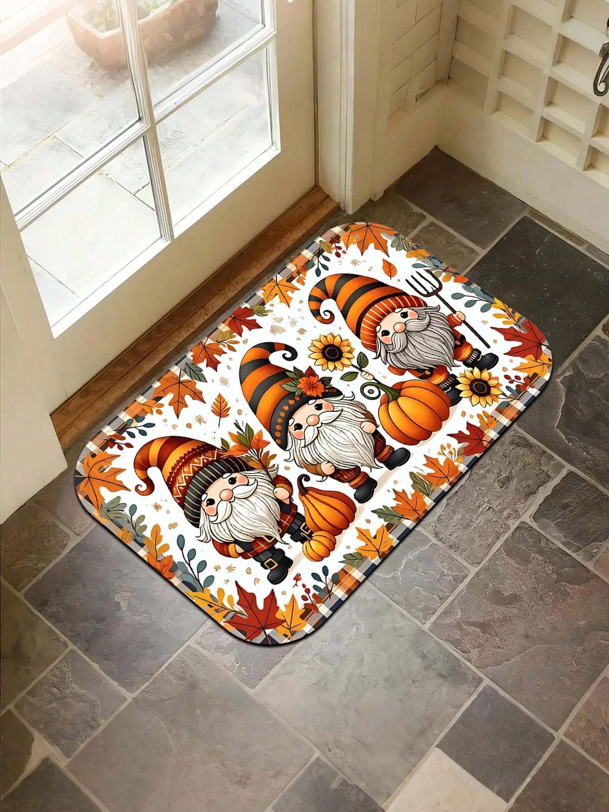 1pc Cartoon Autumn Sunflower Multicolor Maple Leaf Plaid Gnome Rectangular Floor Mat, Polyester Fiber Party Mat, Suitable For Indoor And Outdoor Use, Bathroom Door Mat, Kitchen Rug, Non-Slip Bathroom