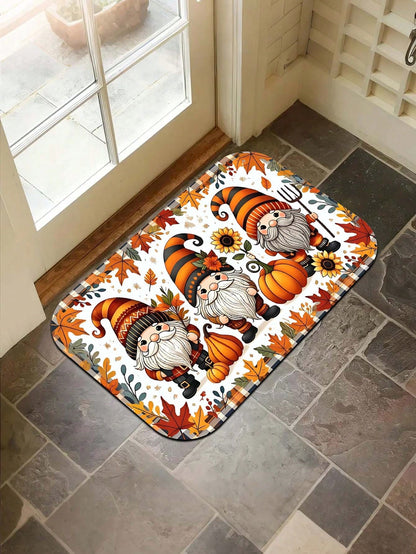 1pc Cartoon Autumn Sunflower Multicolor Maple Leaf Plaid Gnome Rectangular Floor Mat, Polyester Fiber Party Mat, Suitable For Indoor And Outdoor Use, Bathroom Door Mat, Kitchen Rug, Non-Slip Bathroom