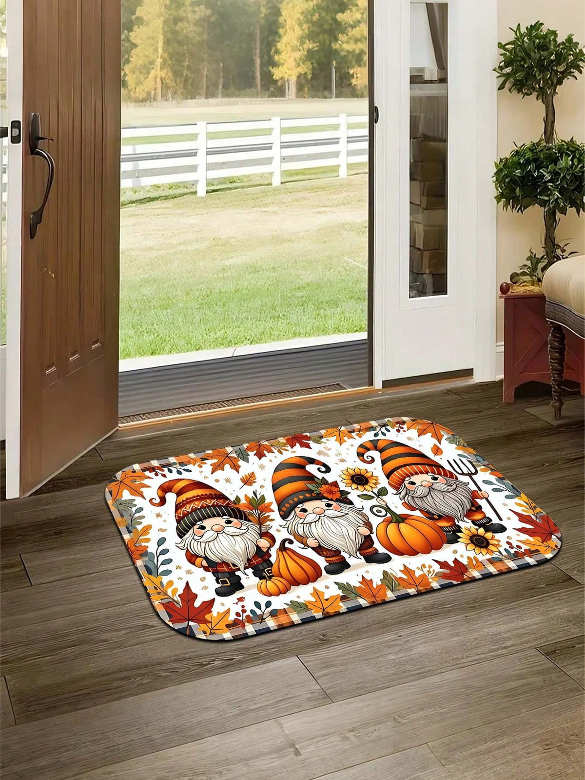 1pc Cartoon Autumn Sunflower Multicolor Maple Leaf Plaid Gnome Rectangular Floor Mat, Polyester Fiber Party Mat, Suitable For Indoor And Outdoor Use, Bathroom Door Mat, Kitchen Rug, Non-Slip Bathroom