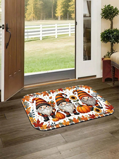 1pc Cartoon Autumn Sunflower Multicolor Maple Leaf Plaid Gnome Rectangular Floor Mat, Polyester Fiber Party Mat, Suitable For Indoor And Outdoor Use, Bathroom Door Mat, Kitchen Rug, Non-Slip Bathroom