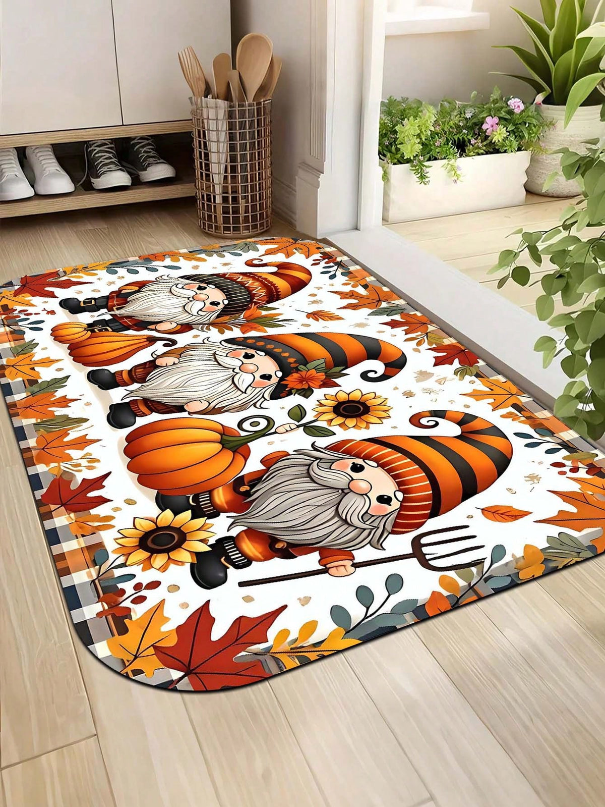 1pc Cartoon Autumn Sunflower Multicolor Maple Leaf Plaid Gnome Rectangular Floor Mat, Polyester Fiber Party Mat, Suitable For Indoor And Outdoor Use, Bathroom Door Mat, Kitchen Rug, Non-Slip Bathroom