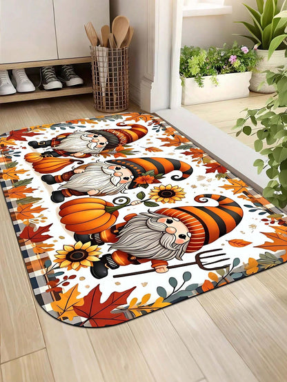 1pc Cartoon Autumn Sunflower Multicolor Maple Leaf Plaid Gnome Rectangular Floor Mat, Polyester Fiber Party Mat, Suitable For Indoor And Outdoor Use, Bathroom Door Mat, Kitchen Rug, Non-Slip Bathroom