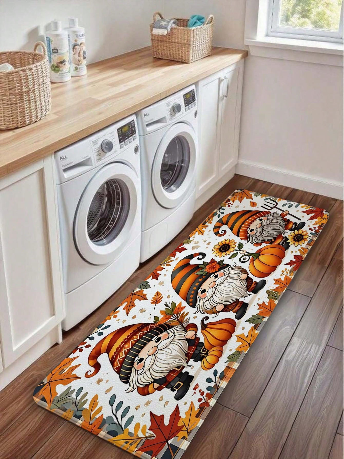1pc Cartoon Autumn Sunflower Multicolor Maple Leaf Plaid Gnome Rectangular Floor Mat, Polyester Fiber Party Mat, Suitable For Indoor And Outdoor Use, Bathroom Door Mat, Kitchen Rug, Non-Slip Bathroom