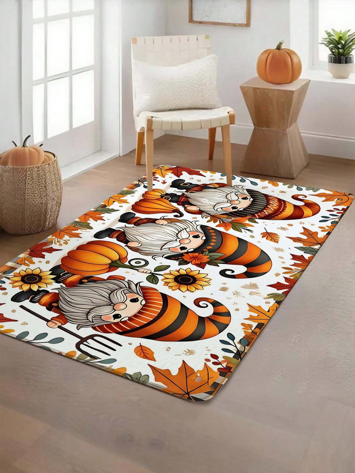 1pc Cartoon Autumn Sunflower Multicolor Maple Leaf Plaid Gnome Rectangular Floor Mat, Polyester Fiber Party Mat, Suitable For Indoor And Outdoor Use, Bathroom Door Mat, Kitchen Rug, Non-Slip Bathroom