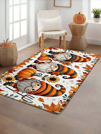 1pc Cartoon Autumn Sunflower Multicolor Maple Leaf Plaid Gnome Rectangular Floor Mat, Polyester Fiber Party Mat, Suitable For Indoor And Outdoor Use, Bathroom Door Mat, Kitchen Rug, Non-Slip Bathroom