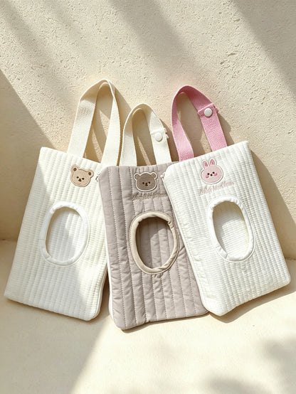 1pc Cartoon Bear Pattern Tissue Storage Bag For Car, Portable Handheld And Pull-Out Style Wet Wipes Organizer
