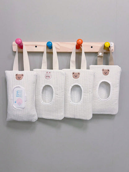 1pc Cartoon Bear Pattern Tissue Storage Bag For Car, Portable Handheld And Pull-Out Style Wet Wipes Organizer