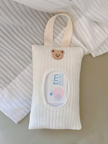 1pc Cartoon Bear Pattern Tissue Storage Bag For Car, Portable Handheld And Pull-Out Style Wet Wipes Organizer
