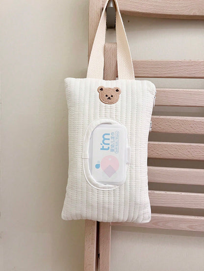1pc Cartoon Bear Pattern Tissue Storage Bag For Car, Portable Handheld And Pull-Out Style Wet Wipes Organizer