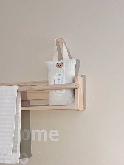 1pc Cartoon Bear Pattern Tissue Storage Bag For Car, Portable Handheld And Pull-Out Style Wet Wipes Organizer
