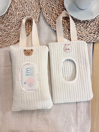 1pc Cartoon Bear Pattern Tissue Storage Bag For Car, Portable Handheld And Pull-Out Style Wet Wipes Organizer