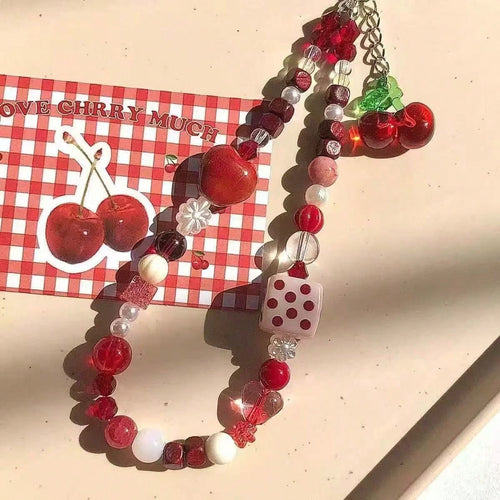 1pc Cartoon Cherry-Shaped Cute Phone Lanyard, Handmade Beaded Camera Strap, DIY Beaded Anti-Lost Wrist Strap