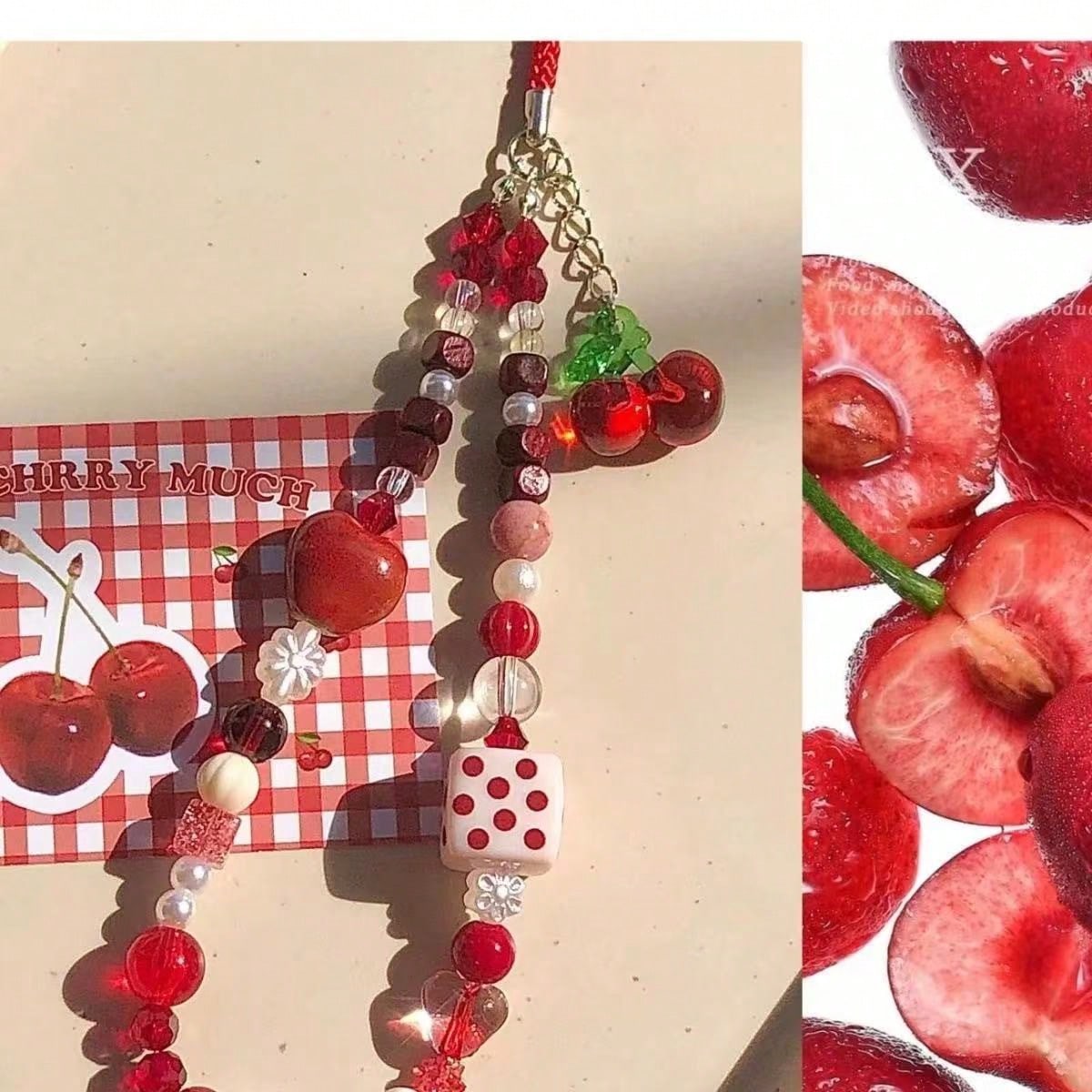 1pc Cartoon Cherry-Shaped Cute Phone Lanyard, Handmade Beaded Camera Strap, DIY Beaded Anti-Lost Wrist Strap