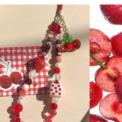 1pc Cartoon Cherry-Shaped Cute Phone Lanyard, Handmade Beaded Camera Strap, DIY Beaded Anti-Lost Wrist Strap