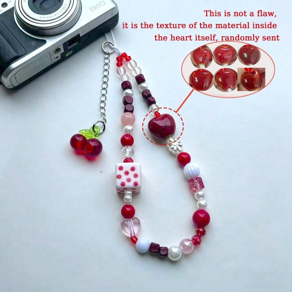 1pc Cartoon Cherry-Shaped Cute Phone Lanyard, Handmade Beaded Camera Strap, DIY Beaded Anti-Lost Wrist Strap