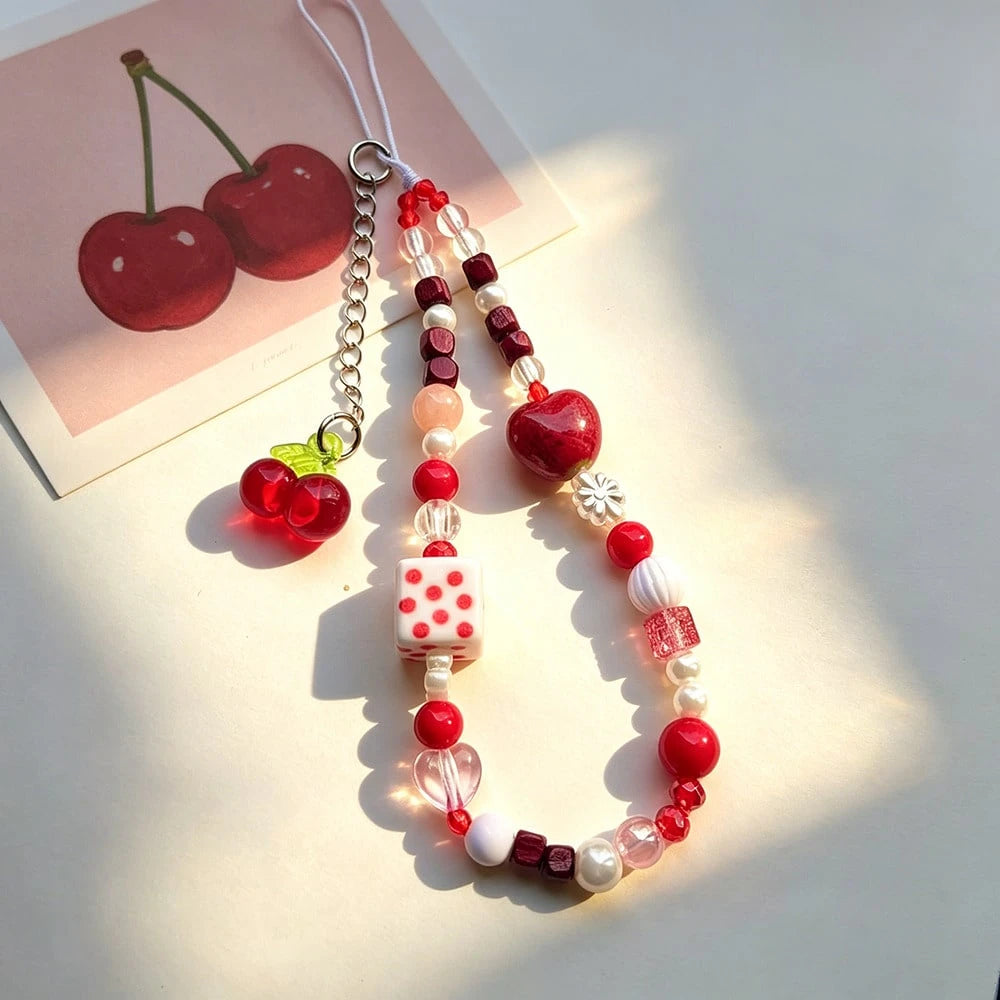 1pc Cartoon Cherry-Shaped Cute Phone Lanyard, Handmade Beaded Camera Strap, DIY Beaded Anti-Lost Wrist Strap
