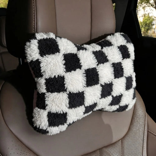 1pc Checkerboard Coral Fleece Headrest Shoulder Pillow, Soft Plush Car Neck Pillow, All-Season Use