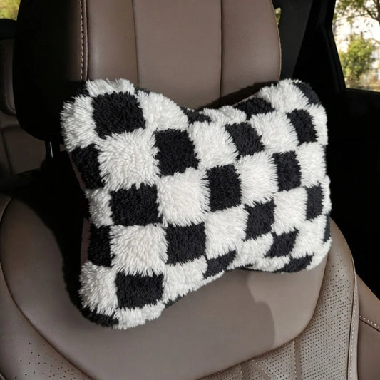 1pc Checkerboard Coral Fleece Headrest Shoulder Pillow, Soft Plush Car Neck Pillow, All-Season Use
