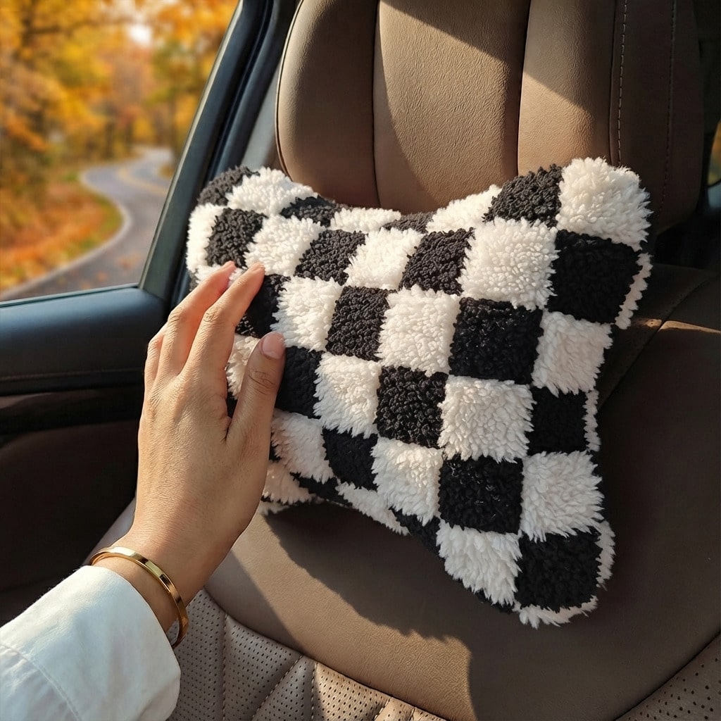 1pc Checkerboard Coral Fleece Headrest Shoulder Pillow, Soft Plush Car Neck Pillow, All-Season Use