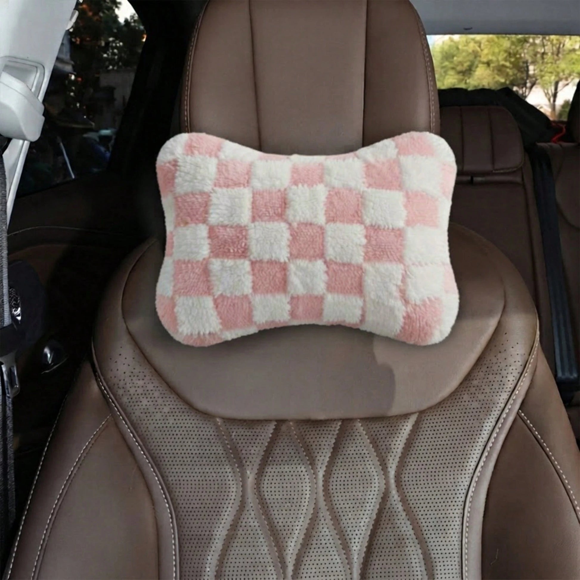 1pc Checkerboard Coral Fleece Headrest Shoulder Pillow, Soft Plush Car Neck Pillow, All-Season Use