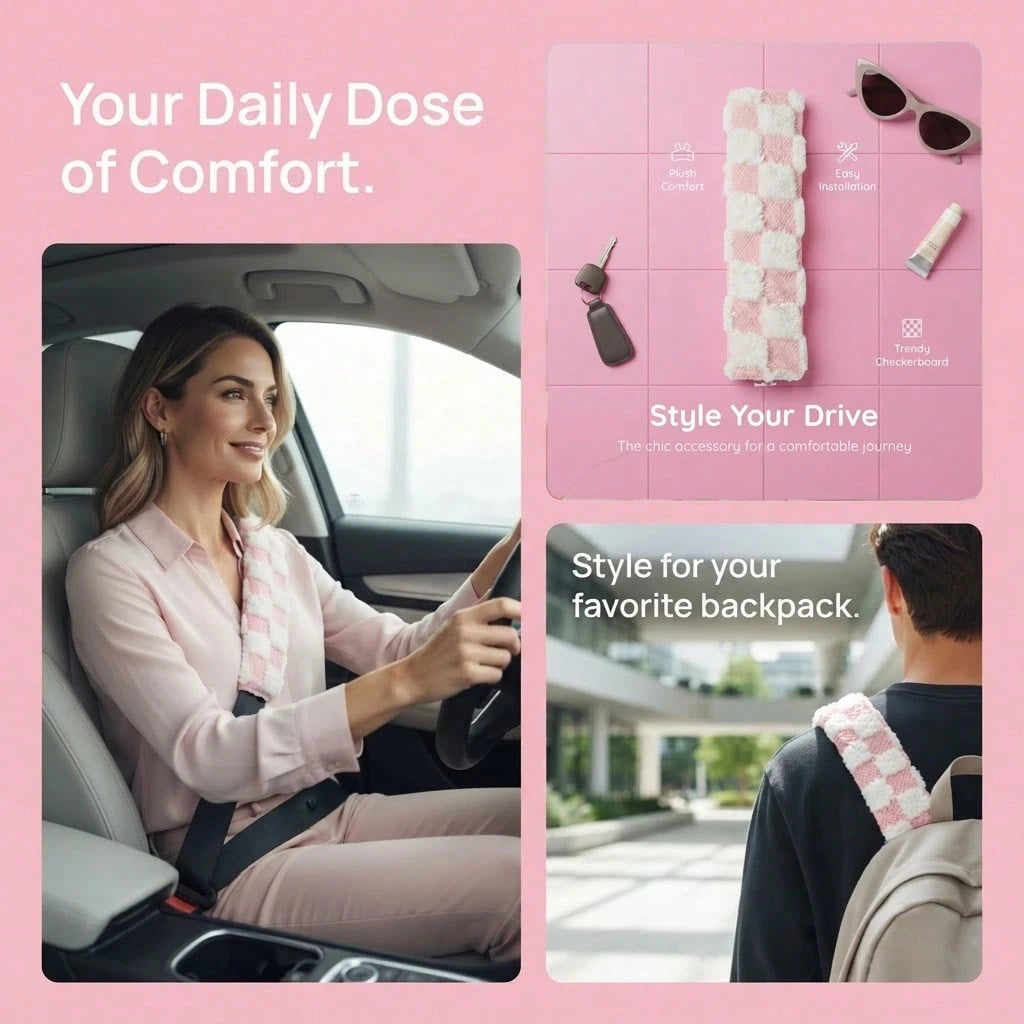 1pc Checkerboard Coral Fleece Headrest Shoulder Pillow, Soft Plush Car Neck Pillow, All-Season Use