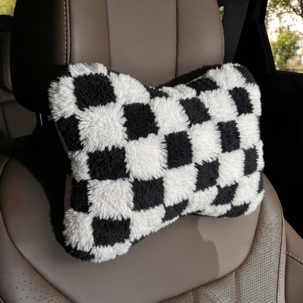 1pc Checkerboard Coral Fleece Headrest Shoulder Pillow, Soft Plush Car Neck Pillow, All-Season Use