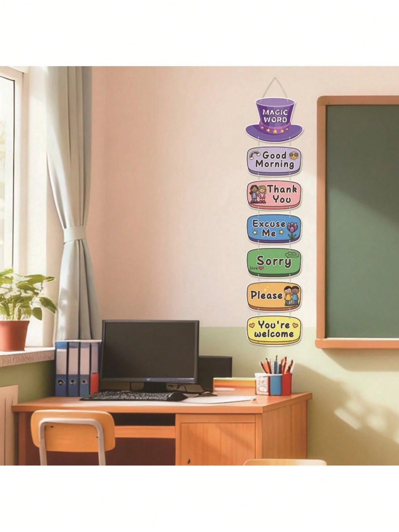 1pc Classroom Word Wall Decor, Teacher's English Corner Polite Expression Learning Cards, Hanging Flags For Students To Learn Vocabulary