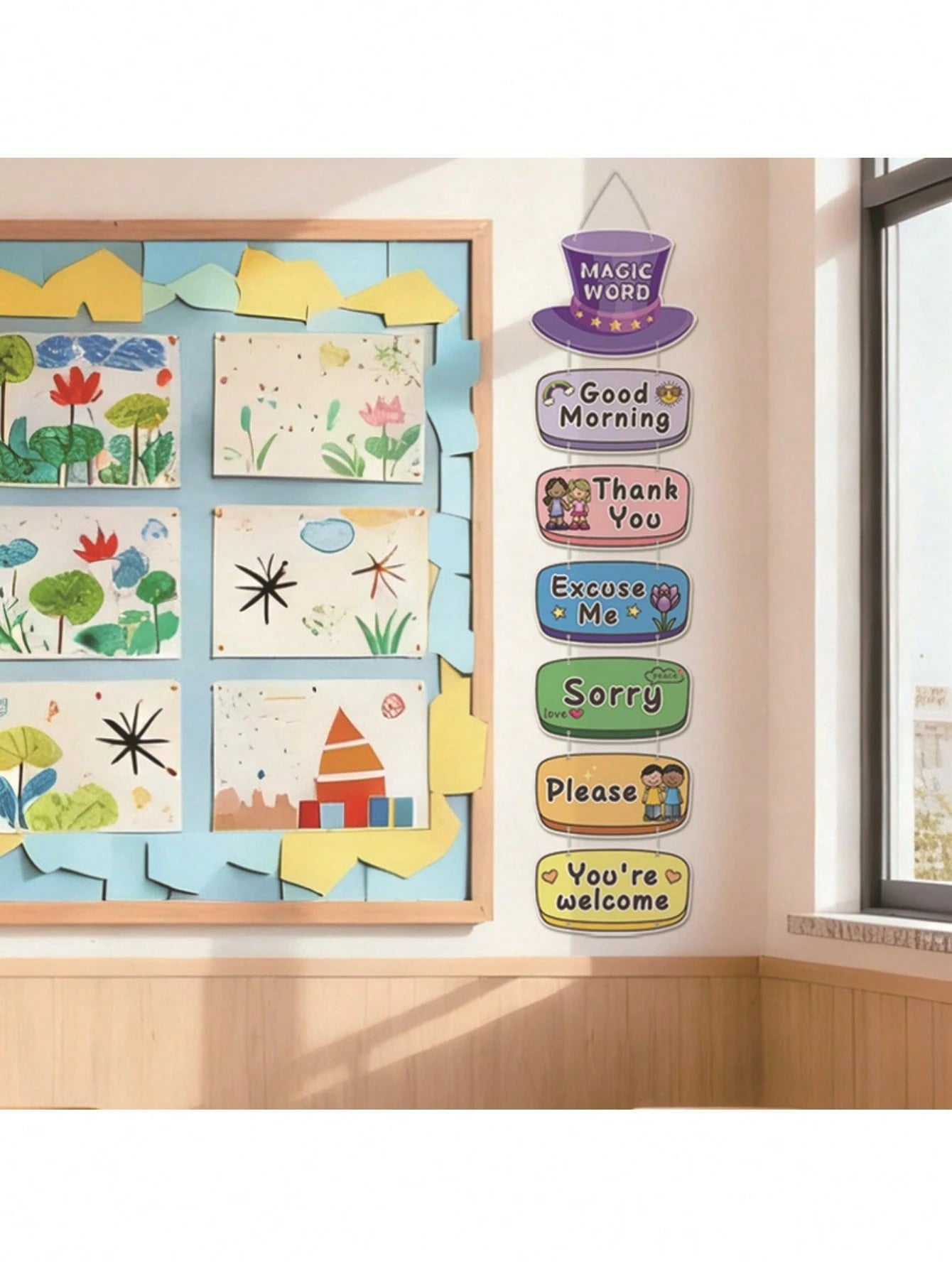 1pc Classroom Word Wall Decor, Teacher's English Corner Polite Expression Learning Cards, Hanging Flags For Students To Learn Vocabulary