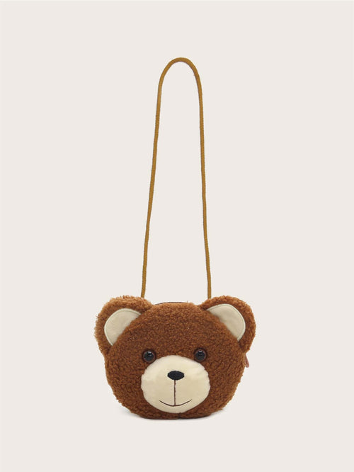 1pc Coffee-Color Bear Crossbody Bag, Zipper Closure, Suitable For Boys & Girls, Casual Daily Use, Autumn/Winter