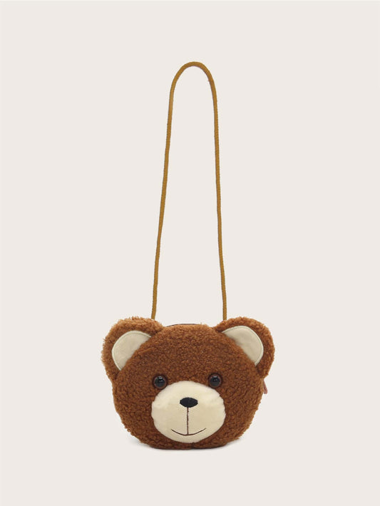 1pc Coffee-Color Bear Crossbody Bag, Zipper Closure, Suitable For Boys & Girls, Casual Daily Use, Autumn/Winter