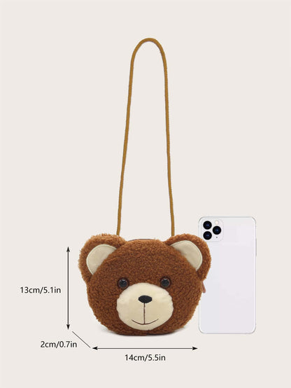 1pc Coffee-Color Bear Crossbody Bag, Zipper Closure, Suitable For Boys & Girls, Casual Daily Use, Autumn/Winter