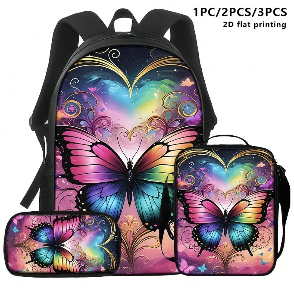 1pc Colorful Butterfly Heart Graphic Large-Capacity Backpack With Adjustable Shoulder Straps And Multiple Zipper Compartments For School Daily Commute Outdoor Travel And Gifts