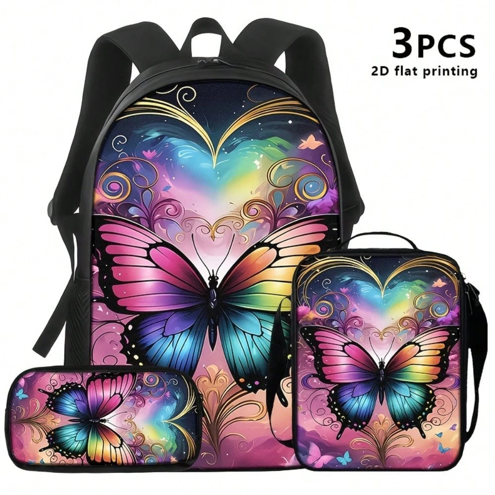 1pc Colorful Butterfly Heart Graphic Large-Capacity Backpack With Adjustable Shoulder Straps And Multiple Zipper Compartments For School Daily Commute Outdoor Travel And Gifts