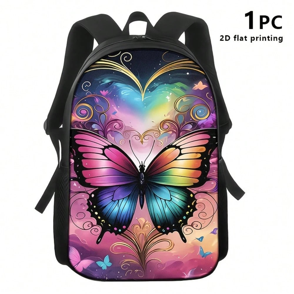 1pc Colorful Butterfly Heart Graphic Large-Capacity Backpack With Adjustable Shoulder Straps And Multiple Zipper Compartments For School Daily Commute Outdoor Travel And Gifts