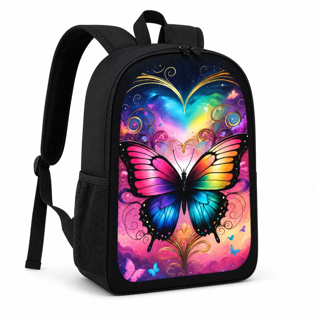 1pc Colorful Butterfly Heart Graphic Large-Capacity Backpack With Adjustable Shoulder Straps And Multiple Zipper Compartments For School Daily Commute Outdoor Travel And Gifts
