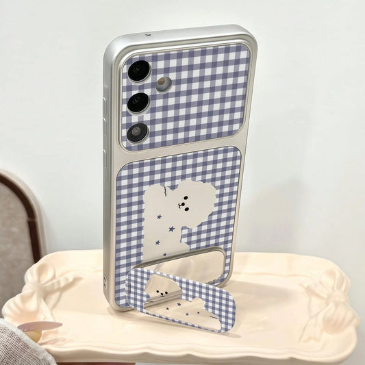 1pc Corning Skin Spray Metal Paint Lens Distinction Large Window Full Coverage Soft Phone Case With Blue Plaid Puppy Pattern And 1pc Mirror Stand, Compatible With IPhone 7/8/11/X/12/13/14/15/16/17 Ser