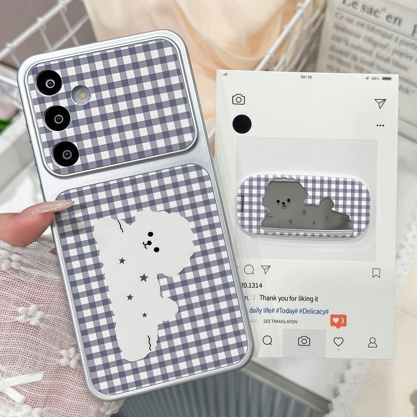1pc Corning Skin Spray Metal Paint Lens Distinction Large Window Full Coverage Soft Phone Case With Blue Plaid Puppy Pattern And 1pc Mirror Stand, Compatible With IPhone 7/8/11/X/12/13/14/15/16/17 Ser