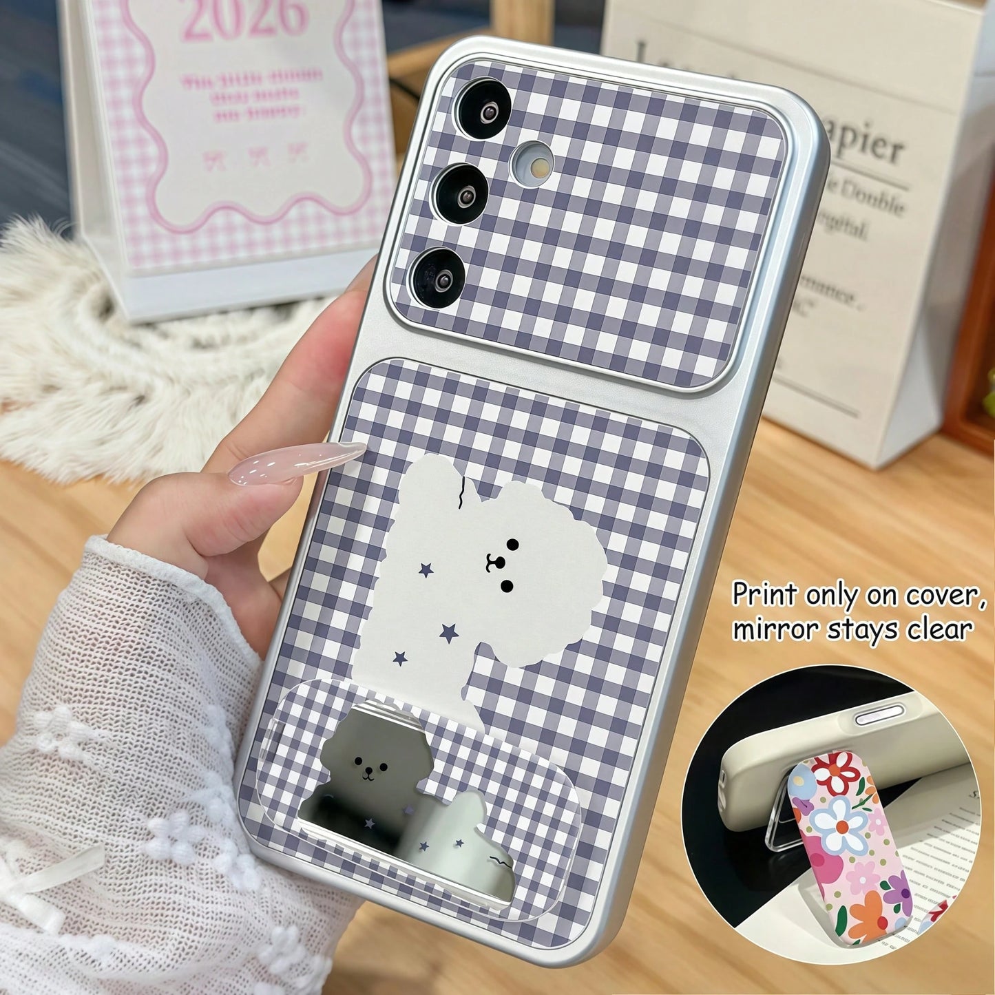 1pc Corning Skin Spray Metal Paint Lens Distinction Large Window Full Coverage Soft Phone Case With Blue Plaid Puppy Pattern And 1pc Mirror Stand, Compatible With IPhone 7/8/11/X/12/13/14/15/16/17 Ser