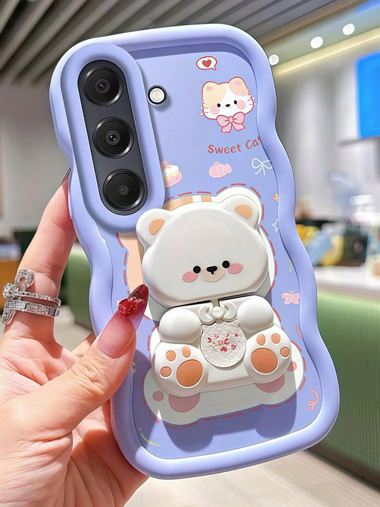 1Pc Creative Cute Kitty Design With 360° Rotatable Cute Bear Stand, Wavy Mirrored Back, Compatible With 7/8/X/XR/XS Max/11/12/13/14/15/16/17 Pro Max And A14/A15/A16/A17/A04/A05/A06/A07/A54/A55/A56/A34