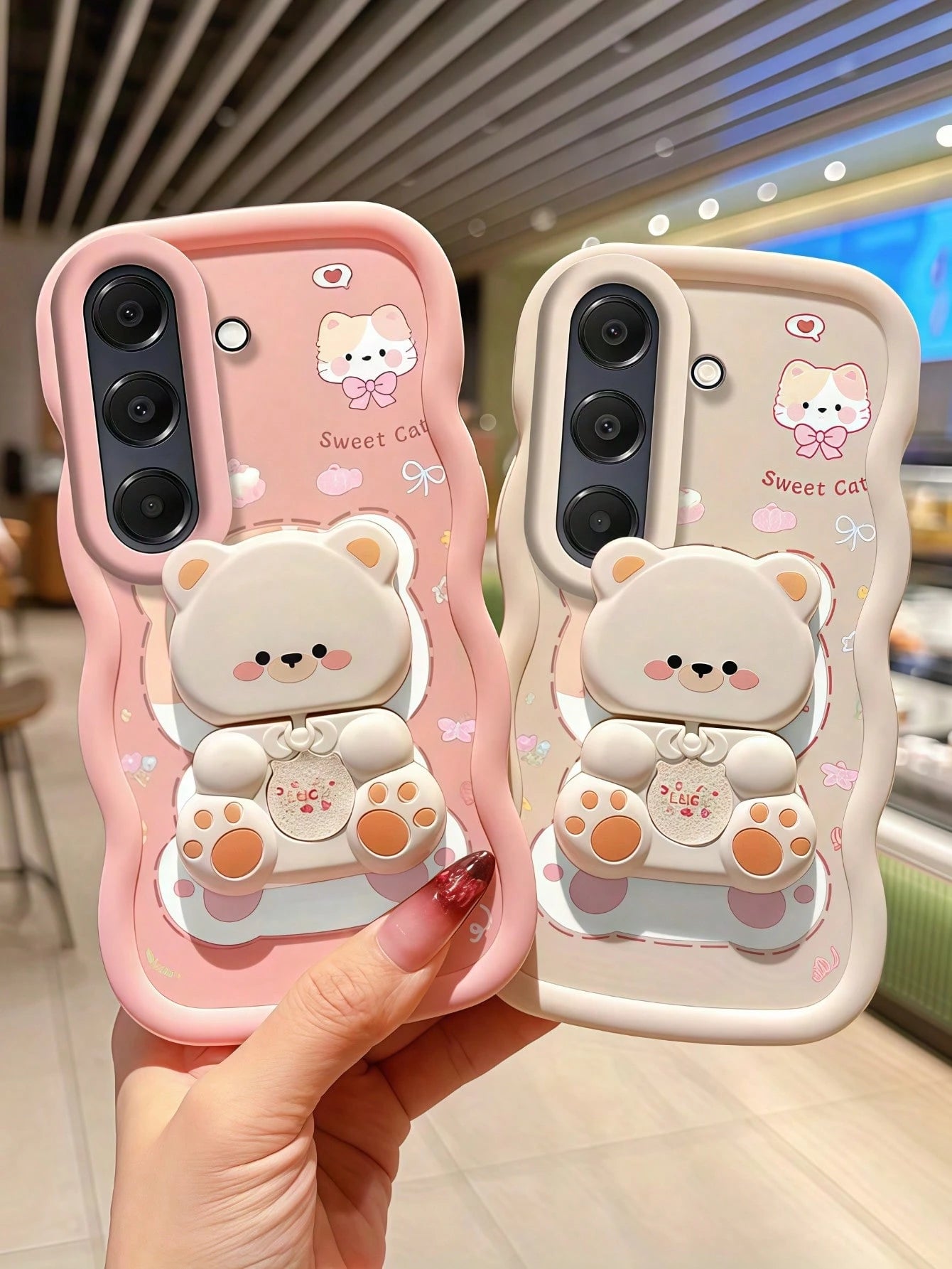 1Pc Creative Cute Kitty Design With 360° Rotatable Cute Bear Stand, Wavy Mirrored Back, Compatible With 7/8/X/XR/XS Max/11/12/13/14/15/16/17 Pro Max And A14/A15/A16/A17/A04/A05/A06/A07/A54/A55/A56/A34