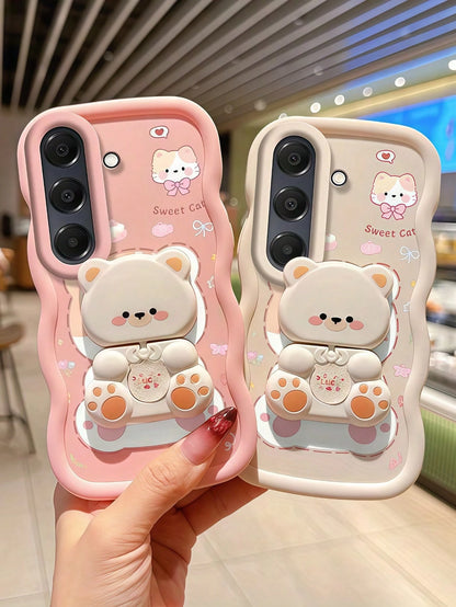 1Pc Creative Cute Kitty Design With 360° Rotatable Cute Bear Stand, Wavy Mirrored Back, Compatible With 7/8/X/XR/XS Max/11/12/13/14/15/16/17 Pro Max And A14/A15/A16/A17/A04/A05/A06/A07/A54/A55/A56/A34