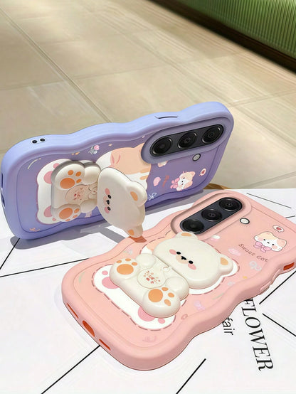 1Pc Creative Cute Kitty Design With 360° Rotatable Cute Bear Stand, Wavy Mirrored Back, Compatible With 7/8/X/XR/XS Max/11/12/13/14/15/16/17 Pro Max And A14/A15/A16/A17/A04/A05/A06/A07/A54/A55/A56/A34