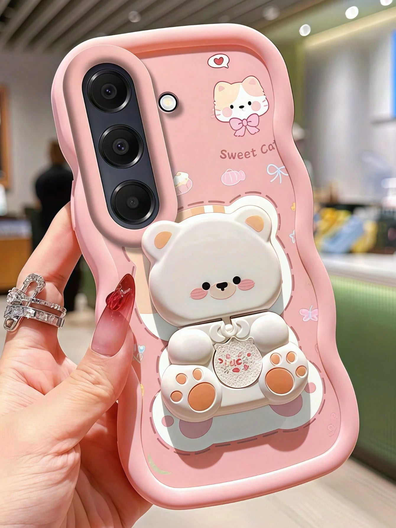 1Pc Creative Cute Kitty Design With 360° Rotatable Cute Bear Stand, Wavy Mirrored Back, Compatible With 7/8/X/XR/XS Max/11/12/13/14/15/16/17 Pro Max And A14/A15/A16/A17/A04/A05/A06/A07/A54/A55/A56/A34