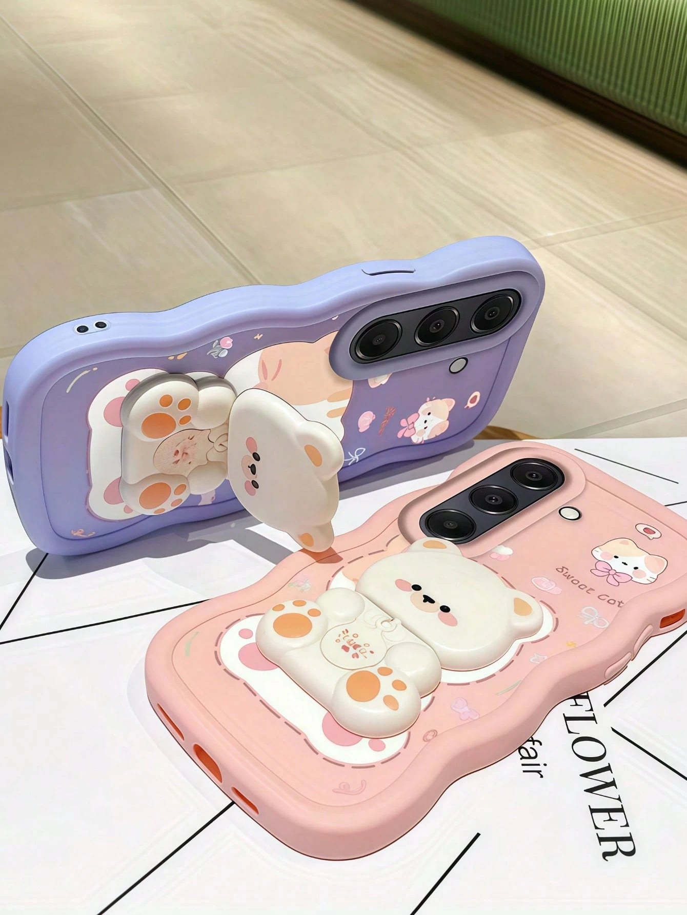 1Pc Creative Cute Kitty Design With 360° Rotatable Cute Bear Stand, Wavy Mirrored Back, Compatible With 7/8/X/XR/XS Max/11/12/13/14/15/16/17 Pro Max And A14/A15/A16/A17/A04/A05/A06/A07/A54/A55/A56/A34