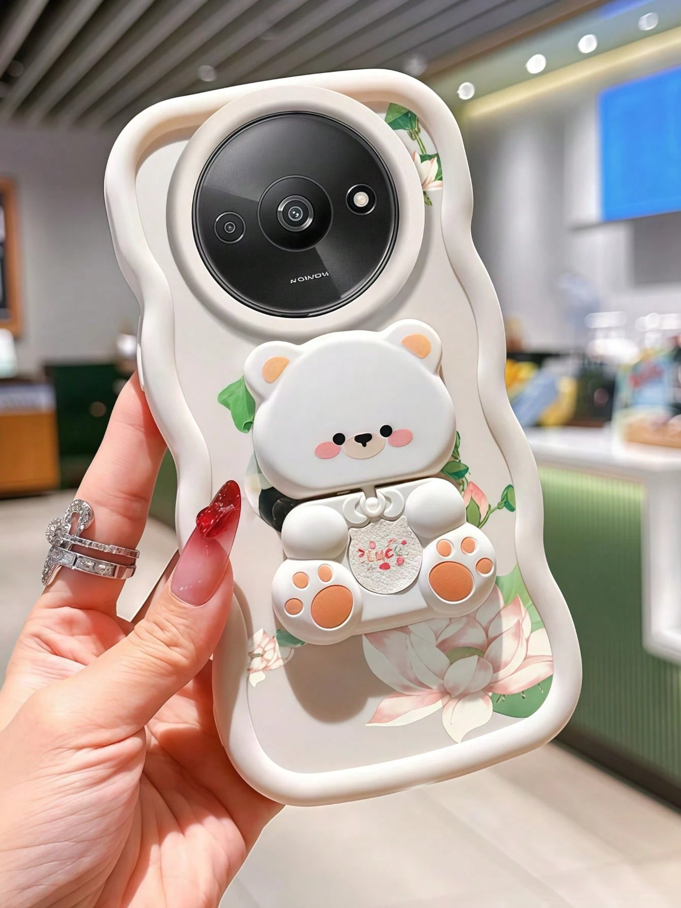 1Pc Creative Cute Kitty Design With 360° Rotatable Cute Bear Stand, Wavy Mirrored Back, Compatible With 7/8/X/XR/XS Max/11/12/13/14/15/16/17 Pro Max And A14/A15/A16/A17/A04/A05/A06/A07/A54/A55/A56/A34