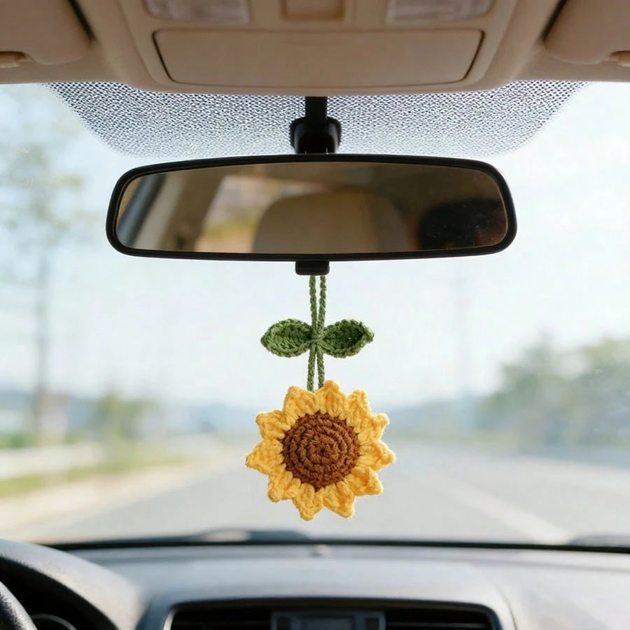1pc Crochet Sunflower Rearview Mirror Decor, Backpack Charm, Birthday Gift, Key Chain Pendant