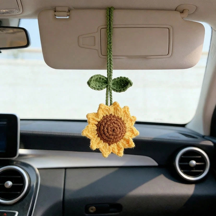 1pc Crochet Sunflower Rearview Mirror Decor, Backpack Charm, Birthday Gift, Key Chain Pendant