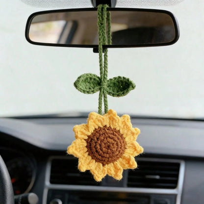 1pc Crochet Sunflower Rearview Mirror Decor, Backpack Charm, Birthday Gift, Key Chain Pendant